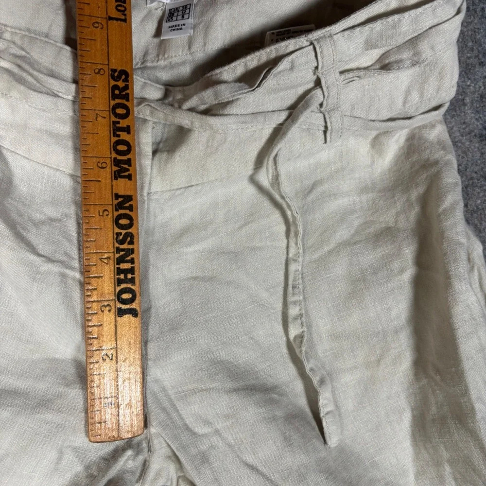H&M‎ 100% Linen Tie Cuff Pants Womens 4 Beige Low Rise Straight Leg Trousers